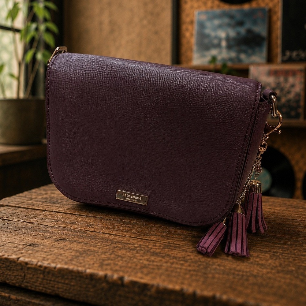 Kate Spade Burgundy Saffiano Leather Tassel Crossbody Bag Plum Gold Tone Logo